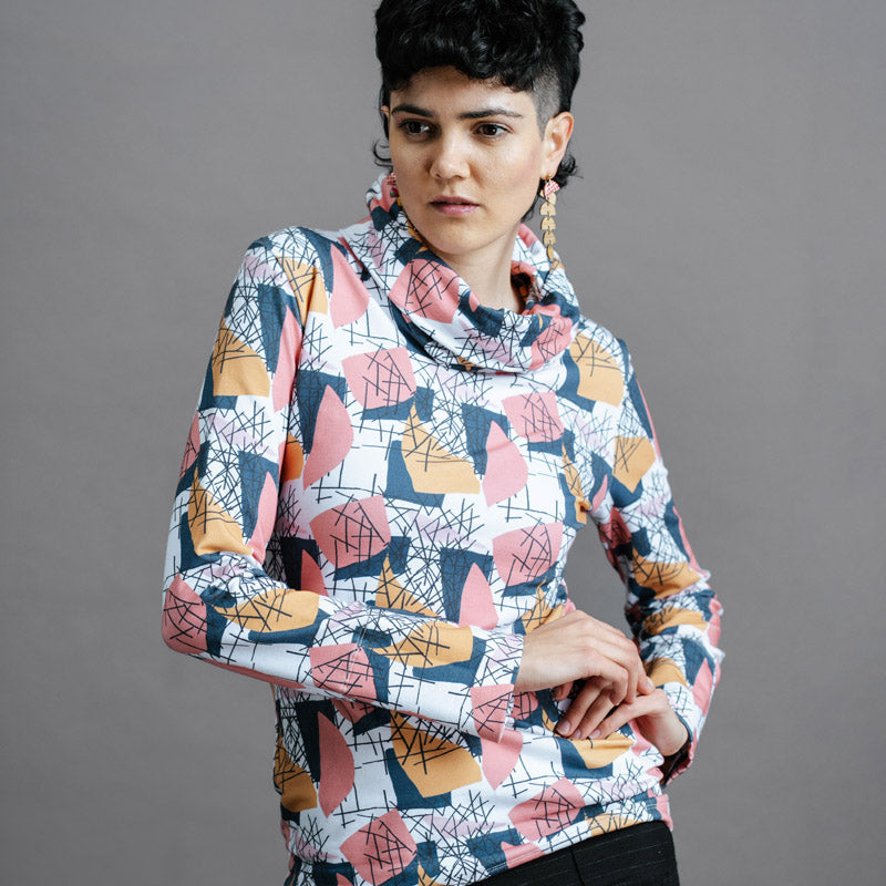 The Ruby Jumper Jumble Print, with large cowl neck, Australian Women's Jumpers made from Australian cotton — Front facing with hands on hip