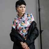 The Ruby Jumper Jumble Print, with large cowl neck, Australian Women's Jumpers made from Australian cotton — Front facing wearing oversized black suit jacket sliding off shoulders
