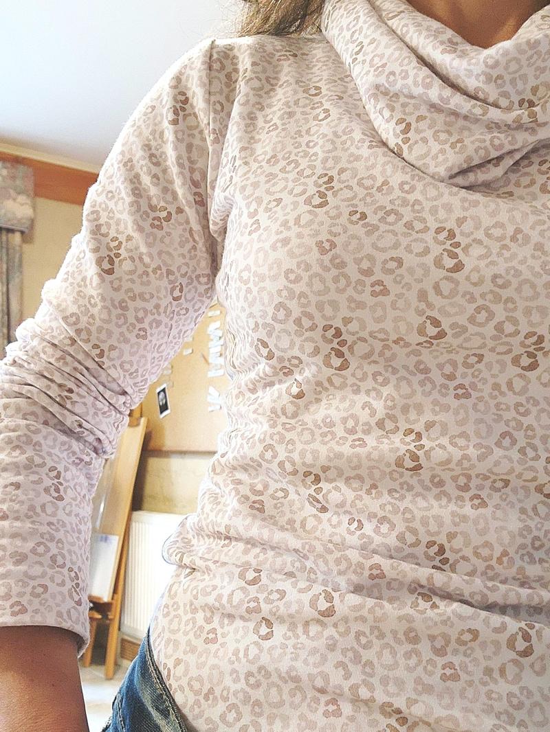 The Ruby Jumper Leopard Print, with large cowl neck, Australian Women's Jumpers made from Australian cotton — Front close up