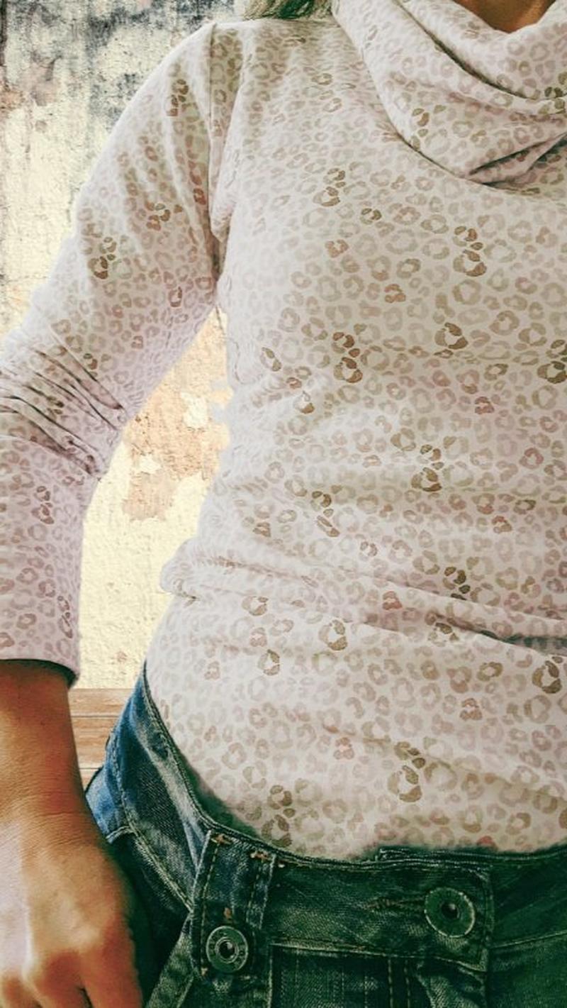 The Ruby Jumper Leopard Print, with large cowl neck, Australian Women's Jumpers made from Australian cotton — Front close up with denim skirt