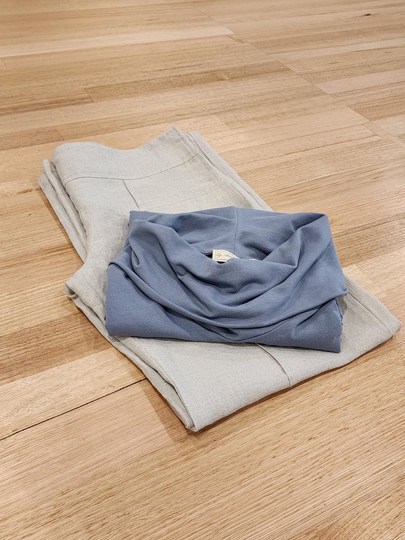 The Ruby Jumper in a blue grey storm colour, with large cowl neck, Australian Women's Jumpers made from Australian cotton — Flat lay with linen capris