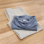The Ruby Jumper in a blue grey storm colour, with large cowl neck, Australian Women's Jumpers made from Australian cotton — Flat lay with linen capris