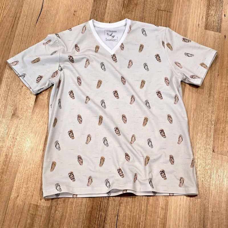 Unisex tee in Thongs print, Australian cotton t-shirt — flat lay front view