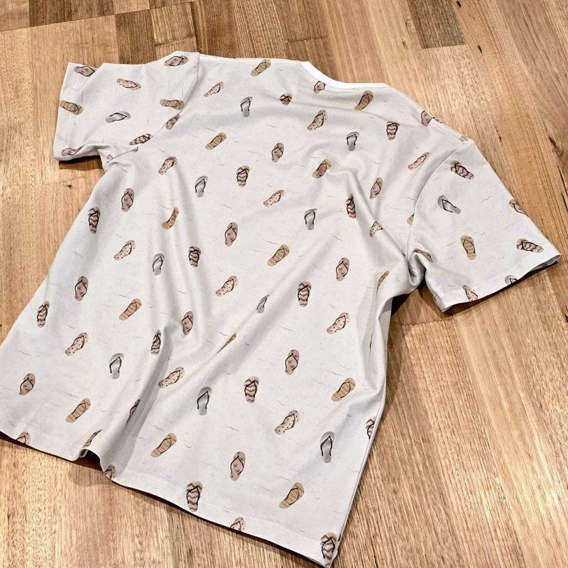 Unisex tee in Thongs print, Australian cotton t-shirt — flat lay back view