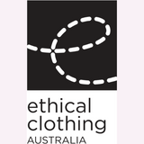 Logo for ethical clothing Australia with a black square and white line design on a light pink background.