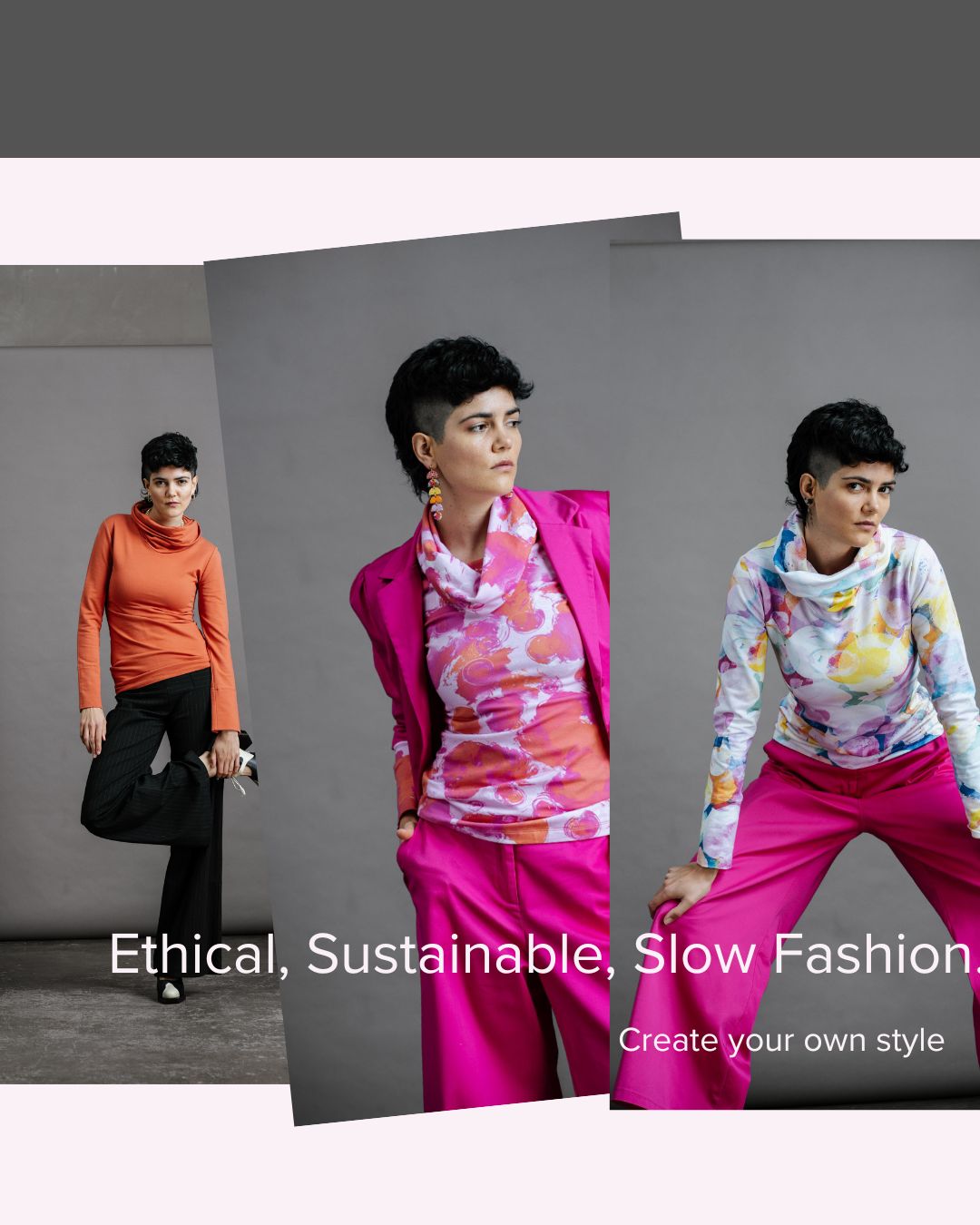 One model wearing the Ruby Jumper three ways. by Audrey & Grace ethical Australian womens clothing in colourful prints, with text reading Ethical, Sustainable, Slow Fashion